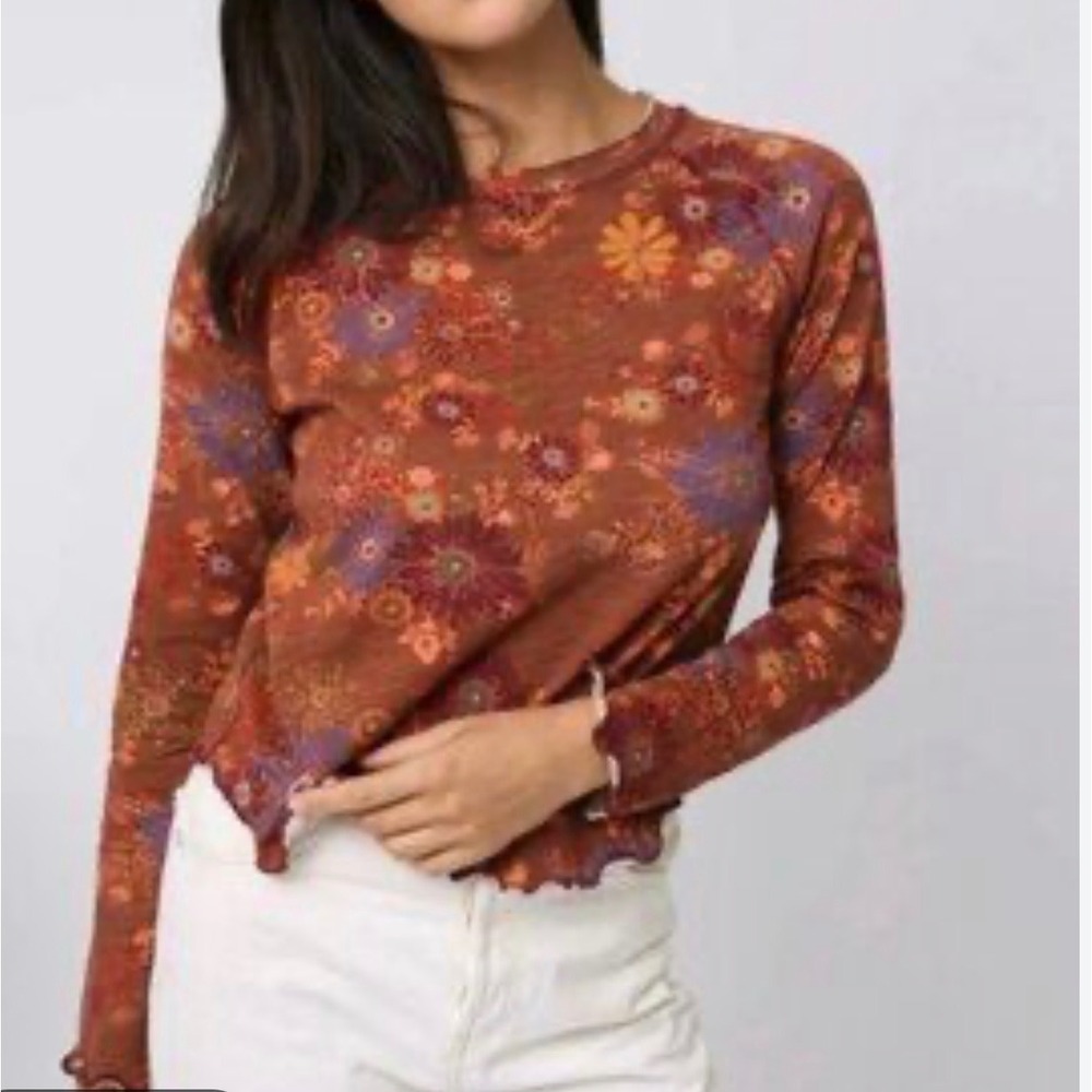 Natural Life Lily Cotton Long Sleeve Tee Shirt - Cranberry Brown Floral